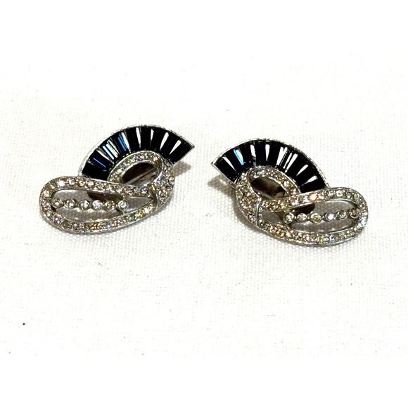 Weisner Baguettes Silver Simulated Sapphire & diamond vintage clip on earrings - Picture 2 of 6
